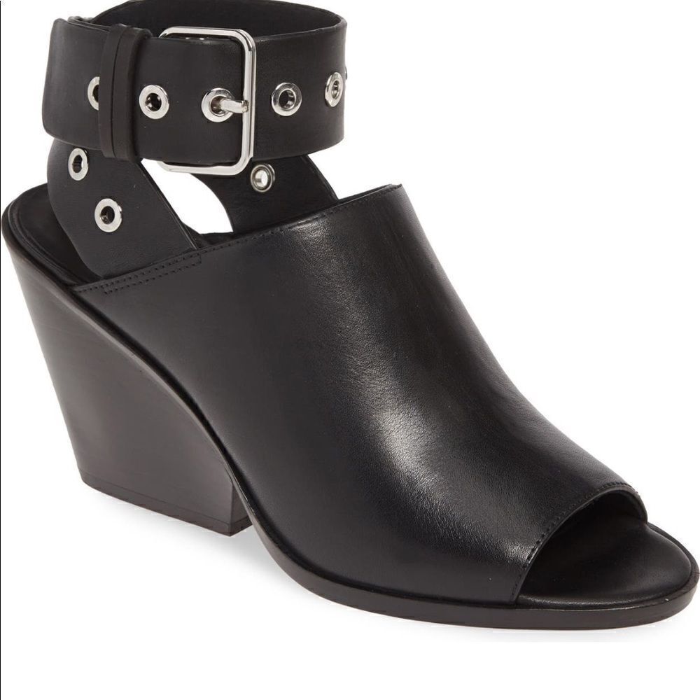 AllSaints Black Leather Peep-Toe Ankle-Wrap Wedge Sandals